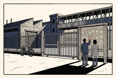 閉まった工場の門のわきで、小さな札が並ぶ案内板を見上げる二人の版画調のイラスト。ひとりが札のひとつを指さしている。奥にのこぎり屋根の工場と、ガラス張りの連絡通路、フェンスぎわに自転車が見える
