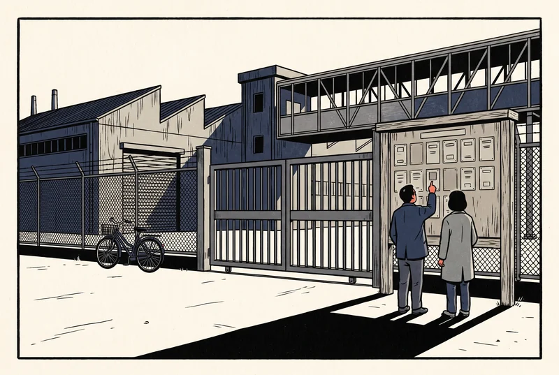 閉まった工場の門のわきで、小さな札が並ぶ案内板を見上げる二人の版画調のイラスト。ひとりが札のひとつを指さしている。奥にのこぎり屋根の工場と、ガラス張りの連絡通路、フェンスぎわに自転車が見える