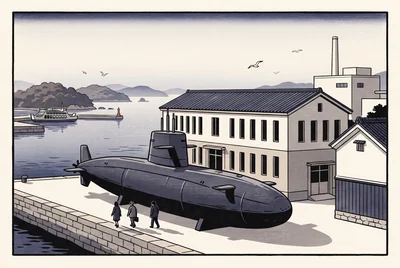 岸壁に上げられた潜水艦のそばを三人の見学者が歩き、奥に瓦屋根の建物と煙突、瀬戸内の島へ向かうフェリーが見える版画調のイラスト