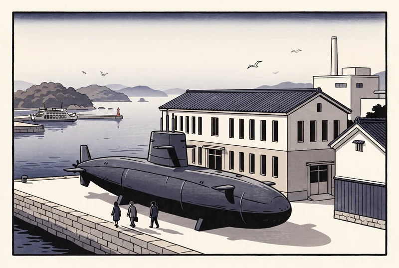 岸壁に上げられた潜水艦のそばを三人の見学者が歩き、奥に瓦屋根の建物と煙突、瀬戸内の島へ向かうフェリーが見える版画調のイラスト