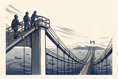 吊橋の主塔のてっぺんに立つ見学者を、海と対岸の島ごしに見上げる版画調のイラスト