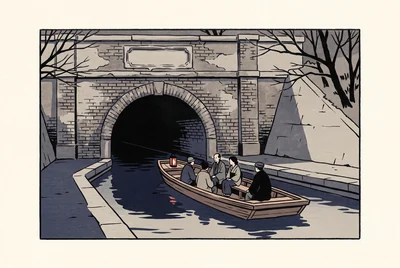 煉瓦のトンネルの口に小さな船が入っていくところを、石の扁額ごしに見る版画調のイラスト