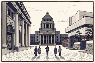 国会議事堂を思わせる塔と、列柱の銀行、赤れんがの建物、城壁の門が並ぶ広場を、大人の見学者がガイドと歩く版画調のイラスト