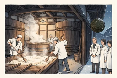 湯気の立つ酒蔵で蔵人が櫂で桶をかき混ぜ、白衣の見学者が見守る版画調のイラスト。入口に杉玉、外は雪