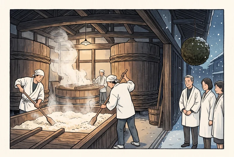 湯気の立つ酒蔵で蔵人が櫂で桶をかき混ぜ、白衣の見学者が見守る版画調のイラスト。入口に杉玉、外は雪